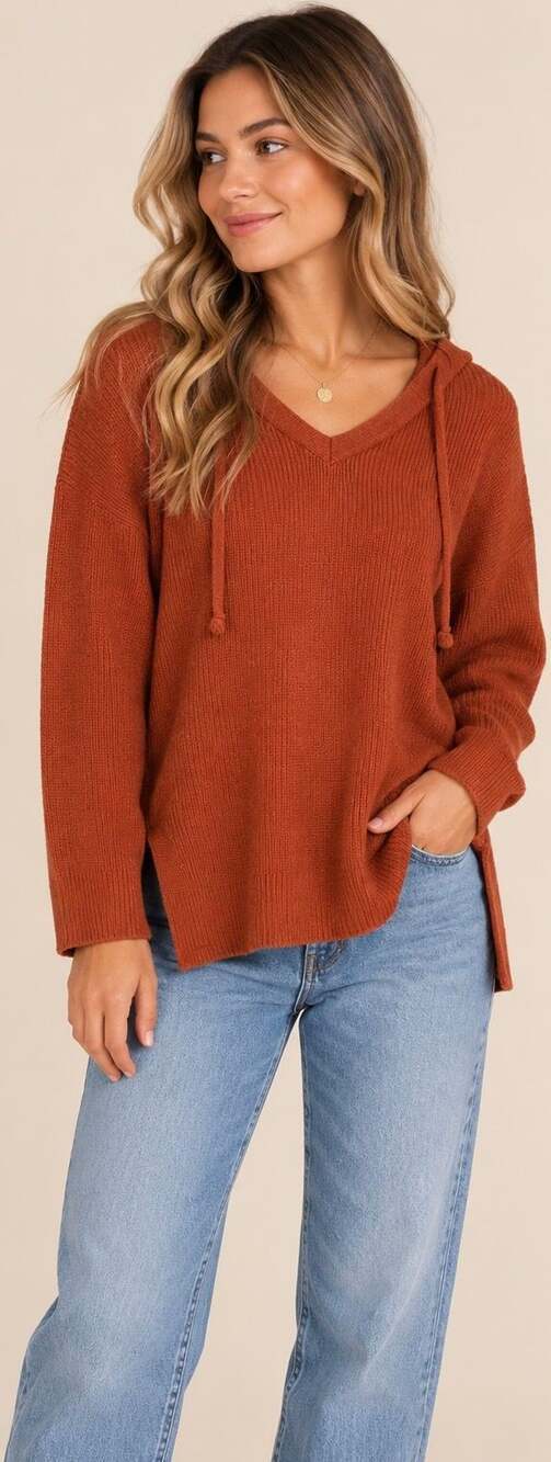 LOGOS Lori Goldstein Hoodie Sweater Size L Rust Orange Knit Pullover V-Neck